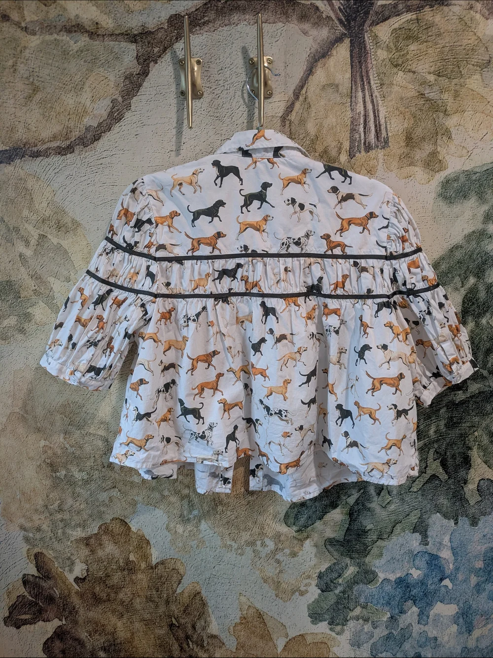 White Dog Print Puff Sleeve Blouse